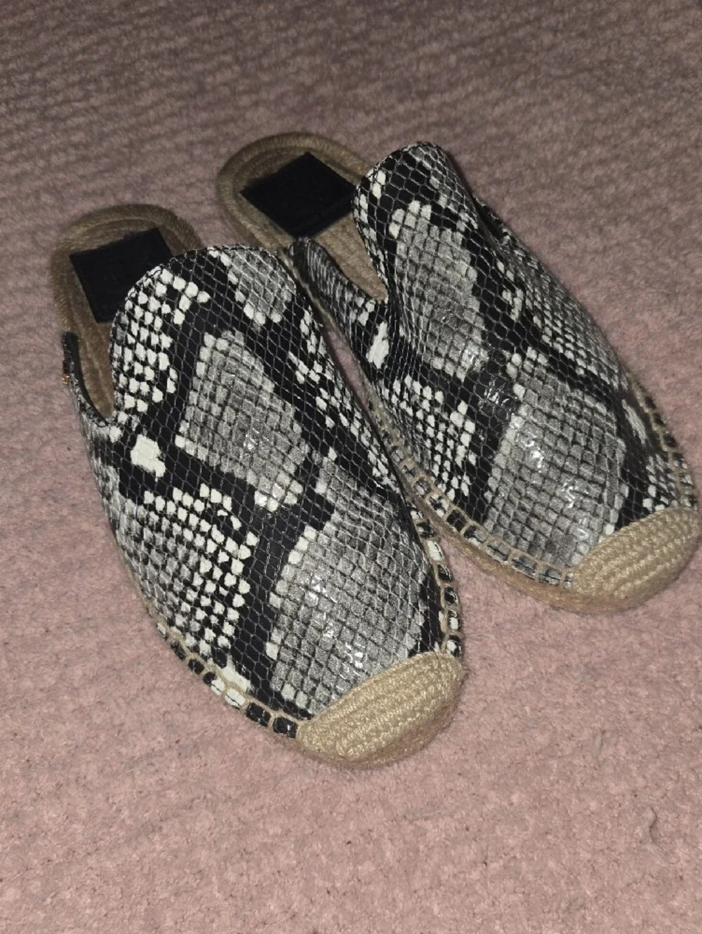 Tory Burch Leather Woven Snake-Print Espadrille Slip-On in Black & White - 7.5M